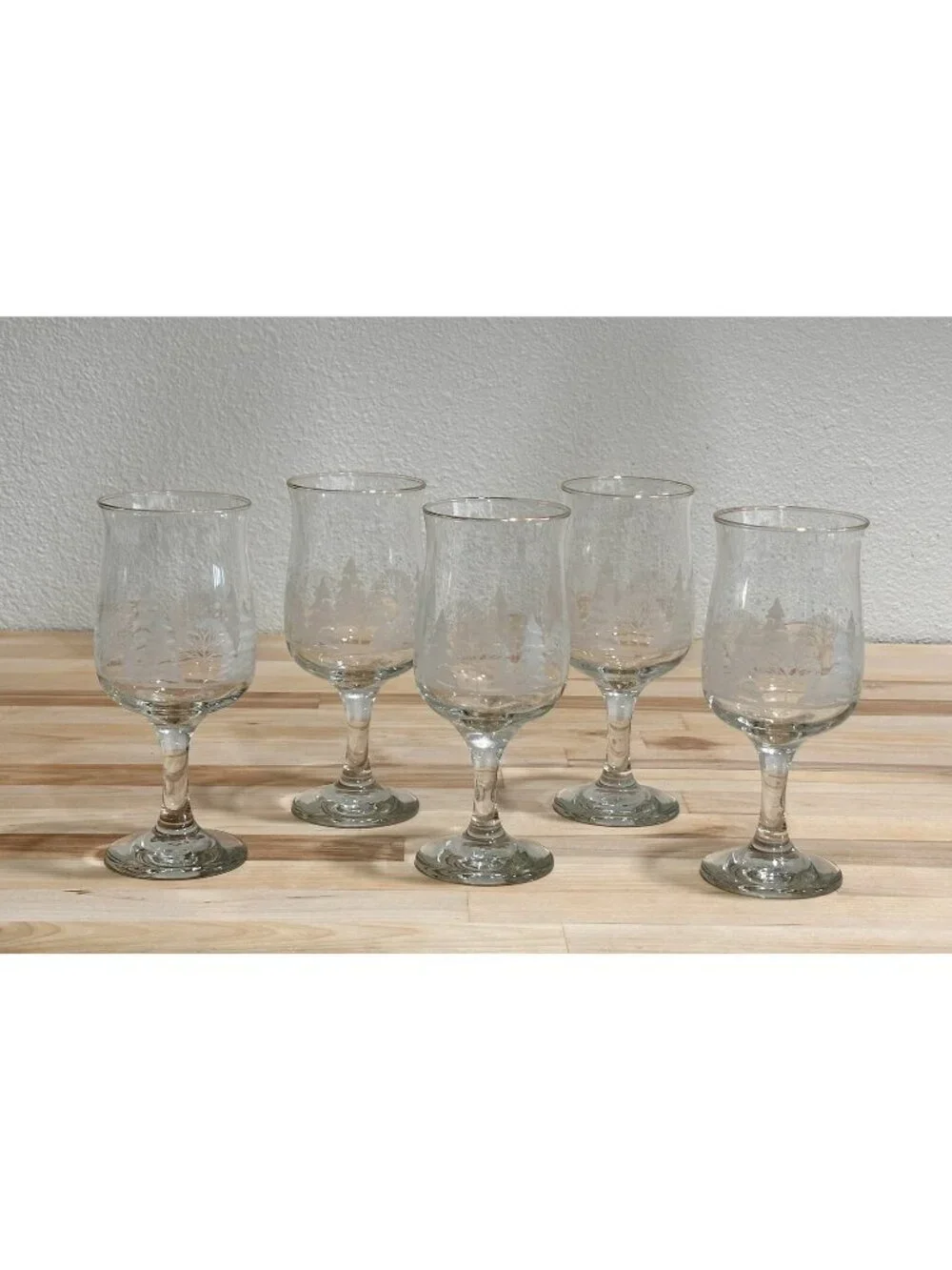 Libbey Christmas White Frosted Pine Trees Goblets Glass Arby's SET OF 5 VINTAGE